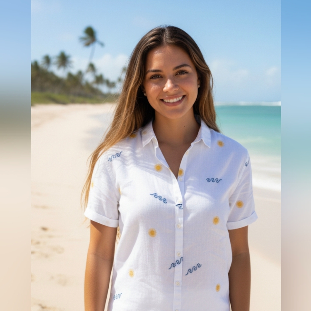 Madewell White Button Down Shirt with Yellow and Blue Embroidery
